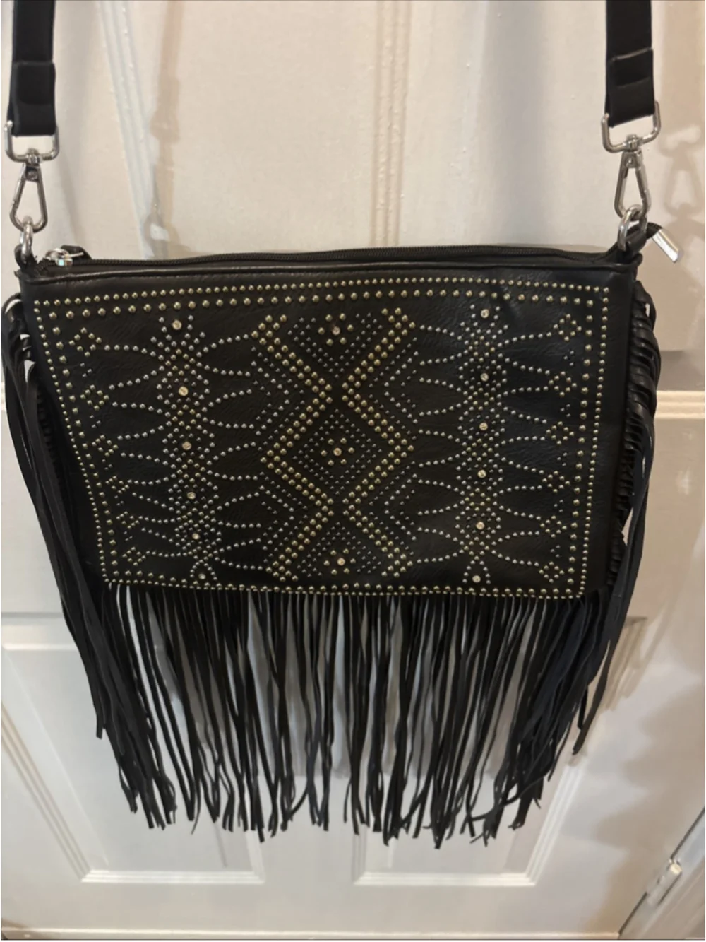 Imoshion Crossbody Bag Fringe & Gold Studded Vegan Leather ~ Black (1082)